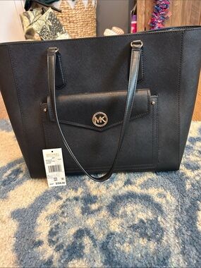 MICHAEL Michael Kors Black Saffiano Tote with Front MK Pocket